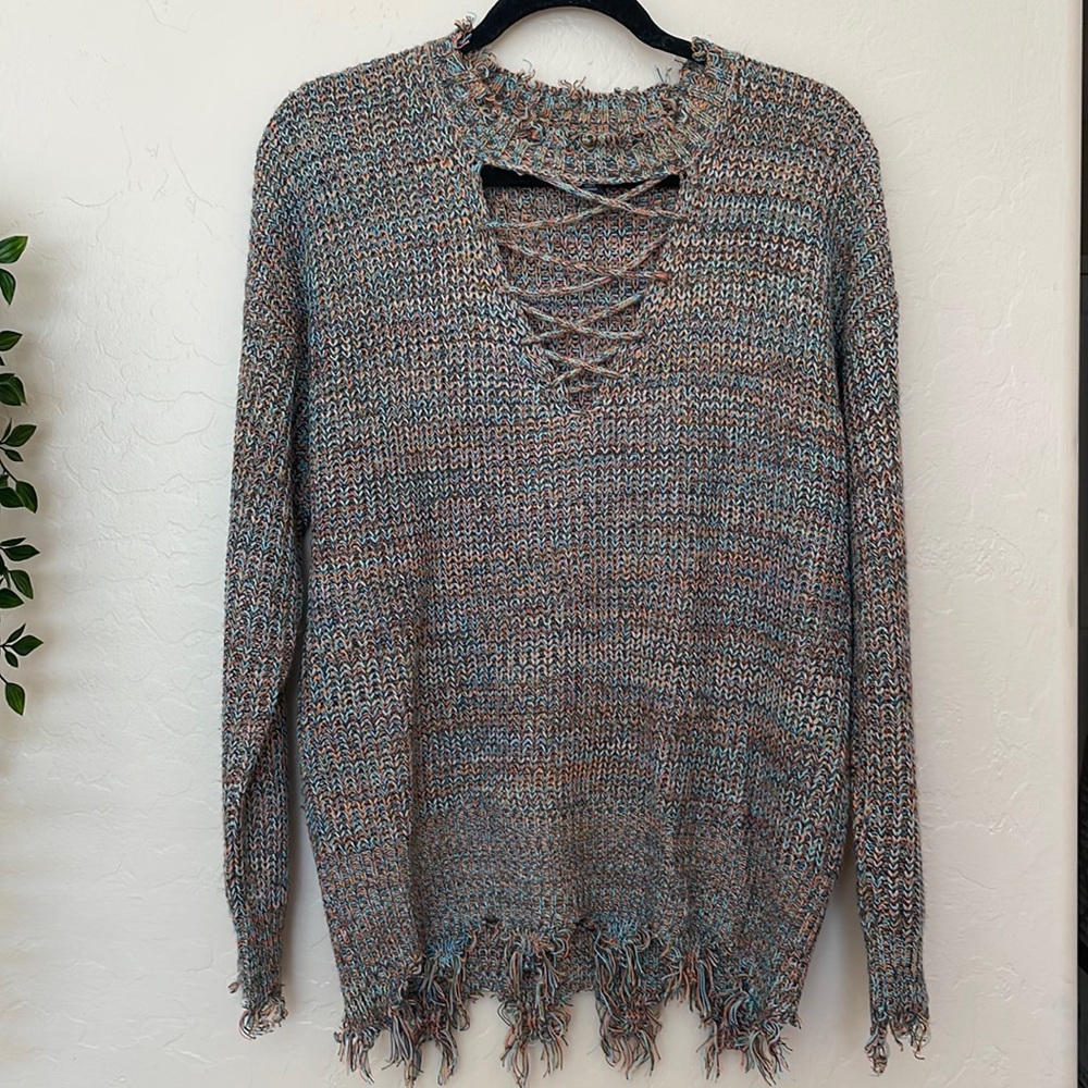 Multicolored Lace Up Sweater
